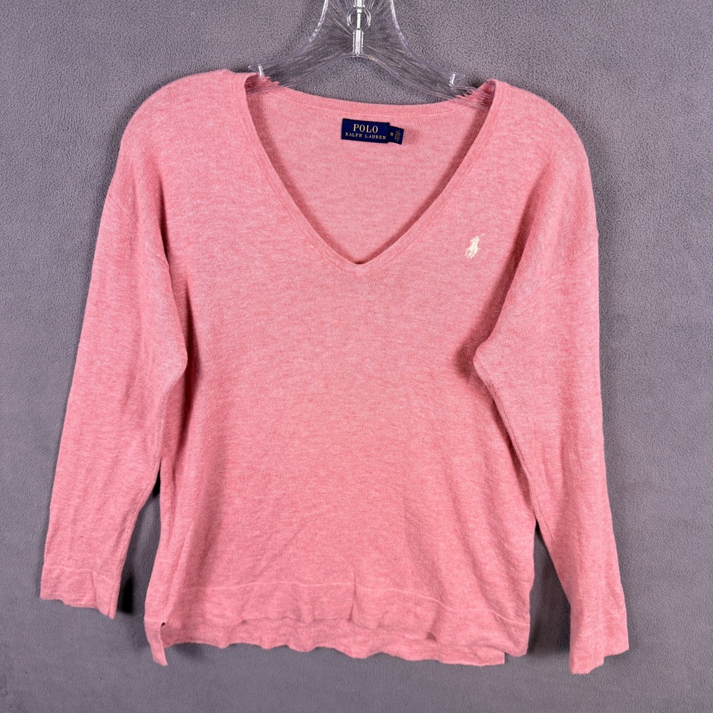 Polo Ralph Lauren Sweater Womens Medium Pink V-Neck Long Sleeve Pony Logo